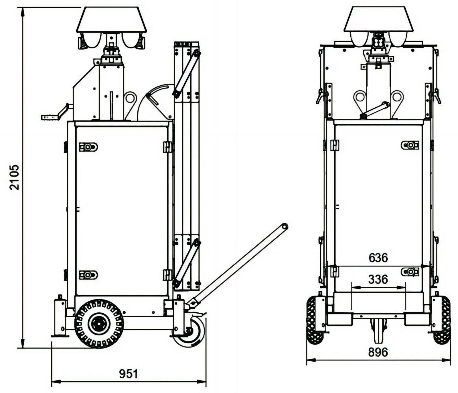 Quantum Solar Tower CAD dimension drawing, front and side views